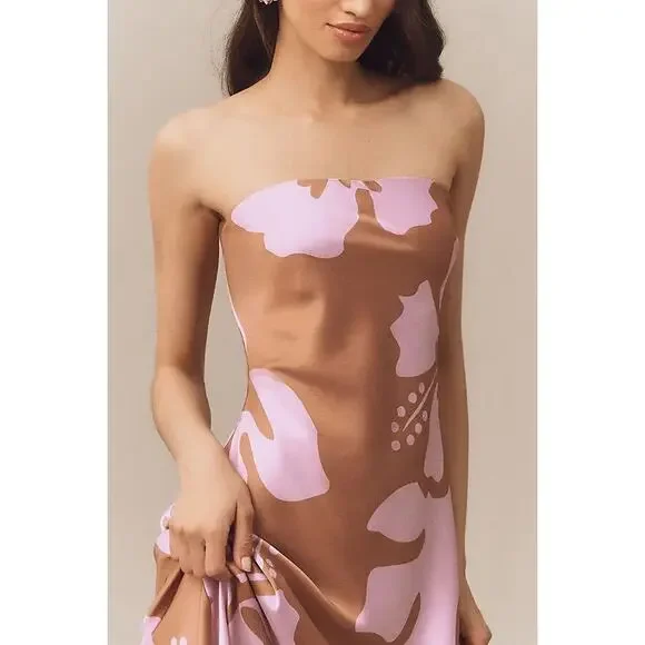 Hutch Women's Strapless Column Satin Maxi Dress Brown Purple Print Size M NWOT